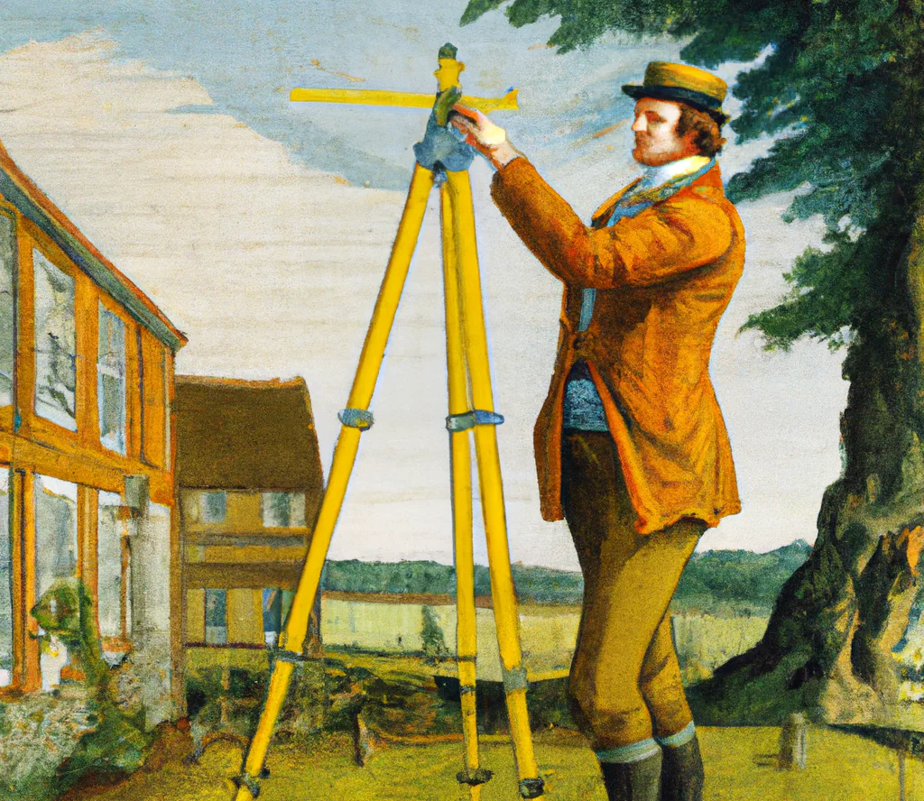 Historische illustratie van een landmeter met waterpasinstrument