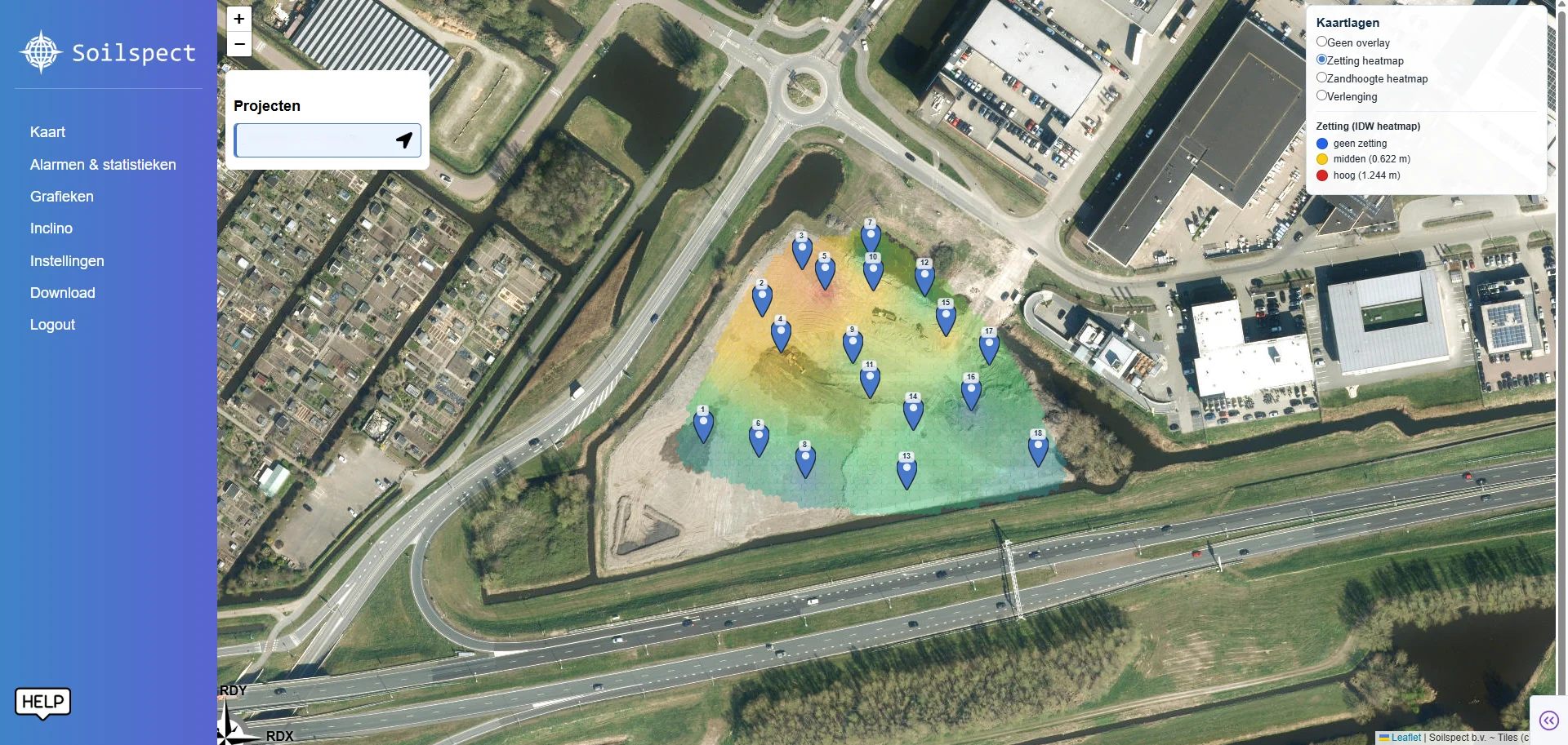 Kaartweergave van het Soilspect-platform met meetpunten